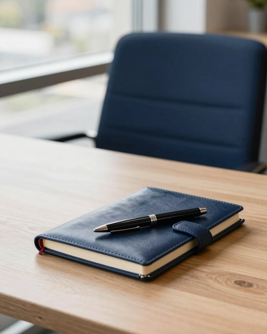 Bright modern office desk detail in Lanús with leather notebook and pen, architectural window light, deep navy atmospher