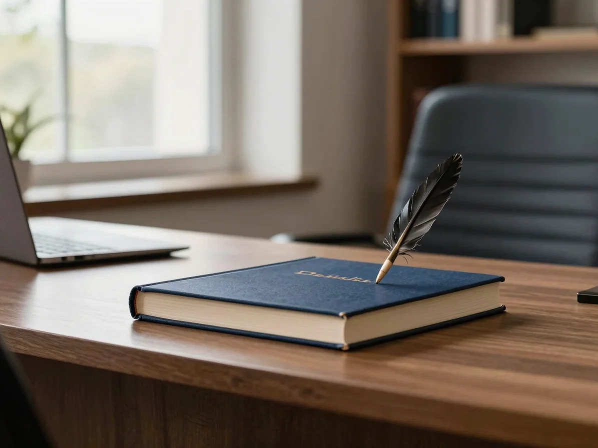 Detalle de libros de derecho y una pluma sobre un escritorio de o