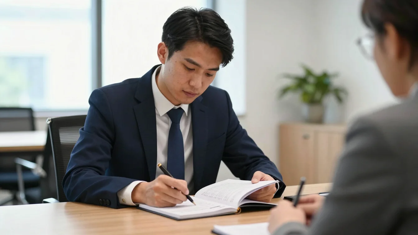 Close-up of lawyer taking notes during a consultation in a modern bright conference room, soft side lighting