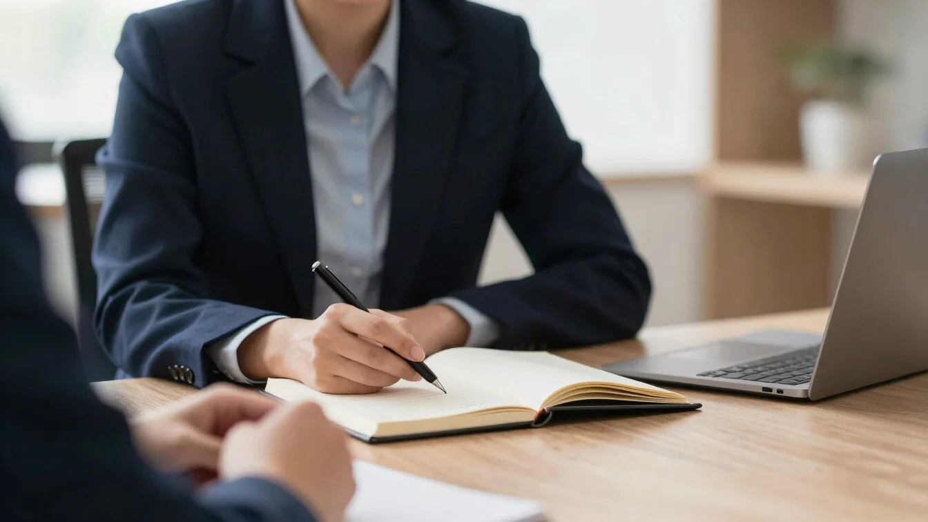 Subtle portrait detail of legal discussion over table with notebook, soft daylight, warm neutral atmosphere