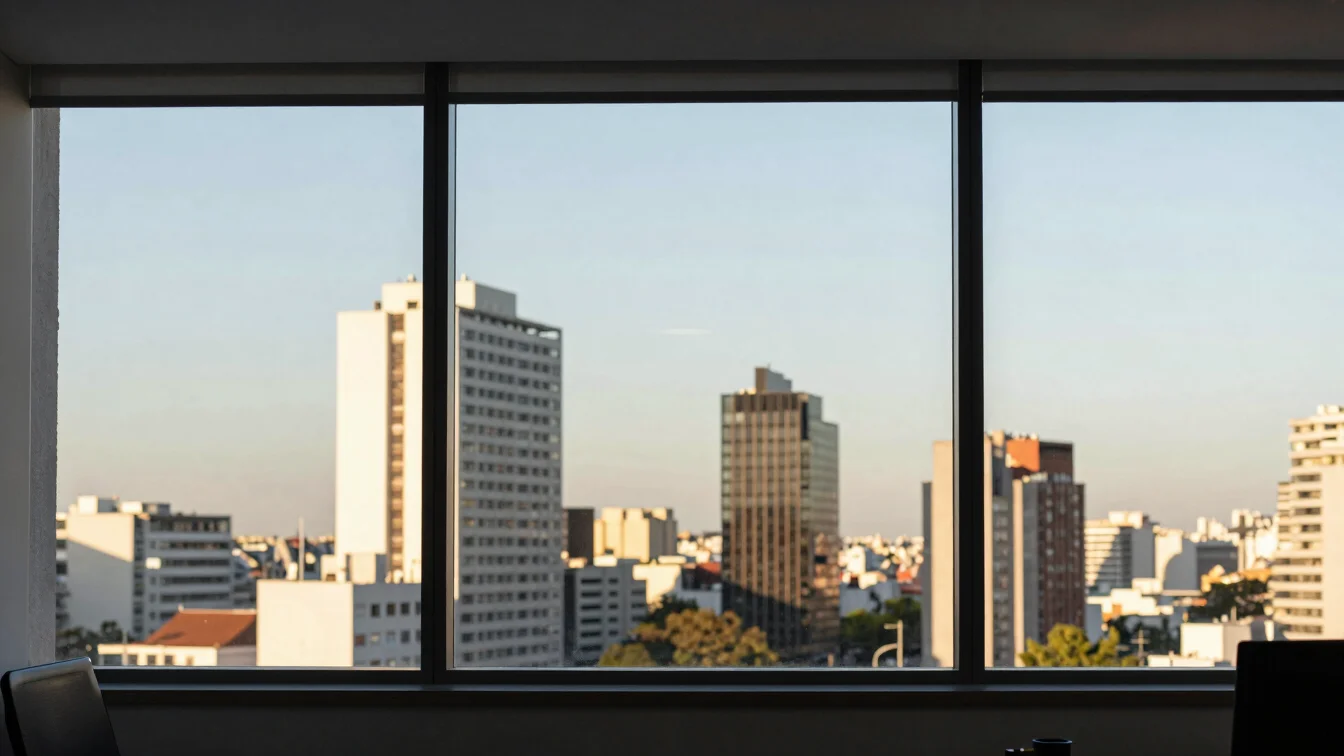 Modern clean architectural view of office window looking towards Buenos Aires city buildings, soft daylight