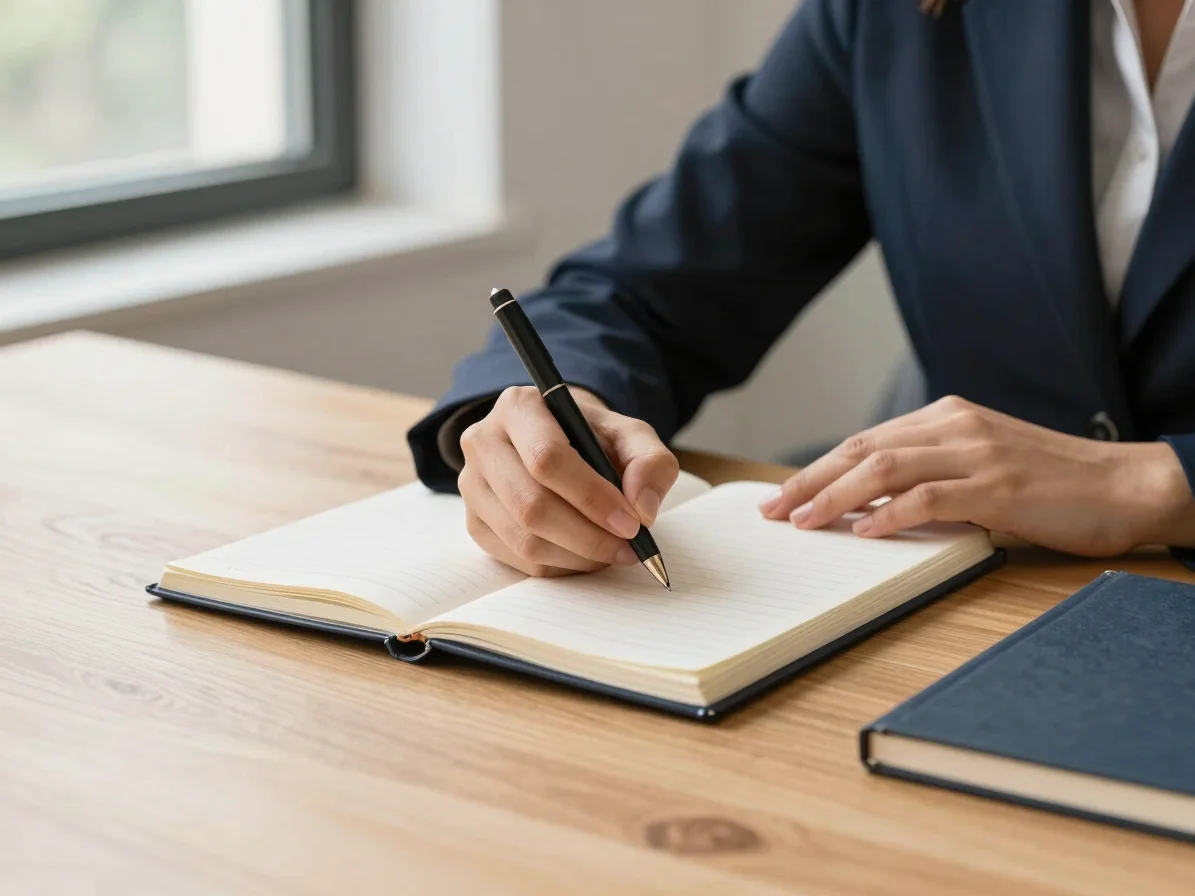 Detalle de una mano femenina escribiendo notas en un cuaderno leg